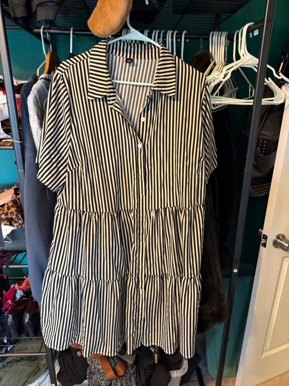Black and White Striped Button-Down Tiered Dress